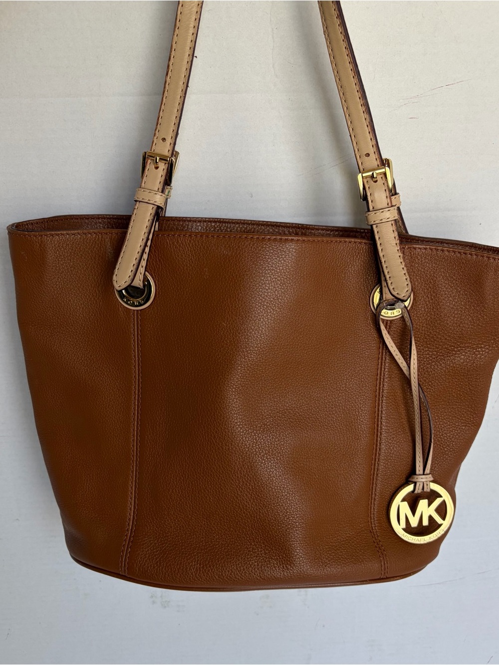 Michael Kors Brown Leather Shoulder Bag with Gold MK Charm